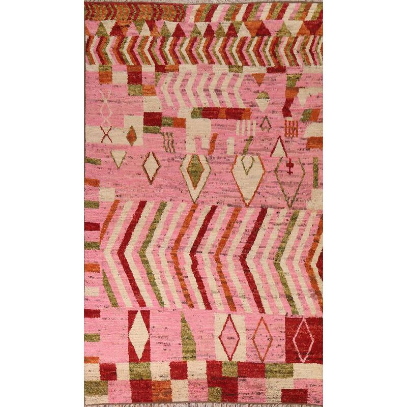 Hand Knotted Oriental 100% Wool Carpet Modern Tribal Pink Moroccan Area Rug - 9' 10'' X 6' 5''