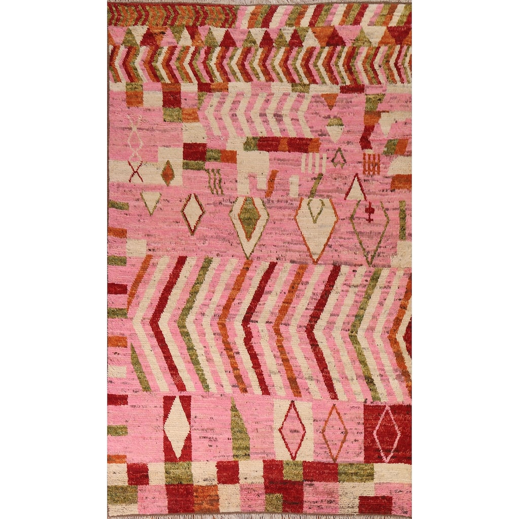 Hand Knotted Oriental 100% Wool Carpet Modern Tribal Pink Moroccan Area Rug - 9' 10'' X 6' 5''