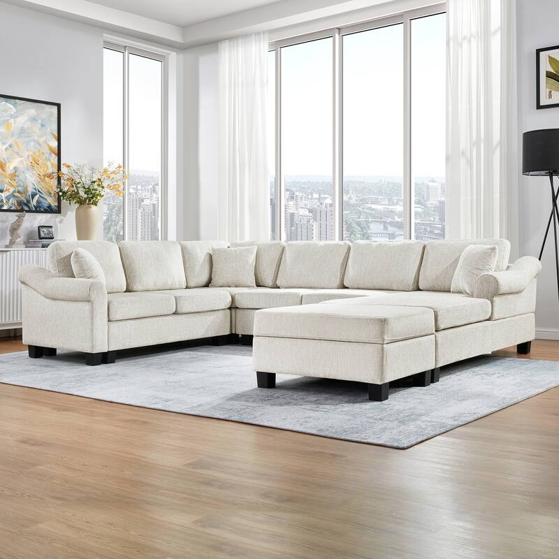 Sectional Sofa 111.8" U-shaped Sofa, Chenille Upholstered Sofa Couch with Movable Storage Ottoman for Living Room