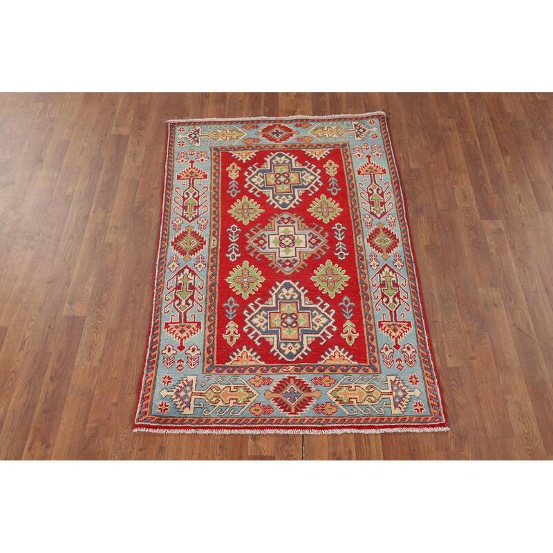 Geometric Red Kazak Accent Rug Hand-Knotted Wool Carpet - 3'2" x 4'11"