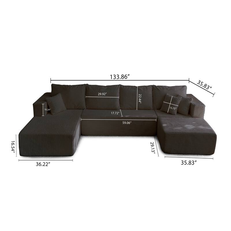 Corduroy Modular Sectional Sofa with Ottoman, U Shaped Upholstered Couch