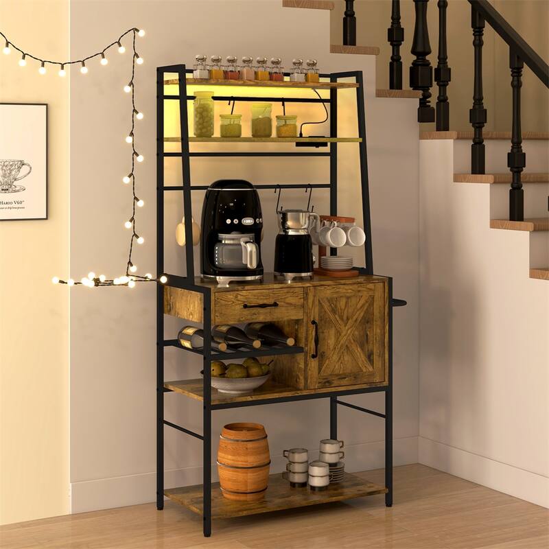 Storage Shelves with Power Outlet and LED Lights, Wine Bottle Rack - Rustic Brown