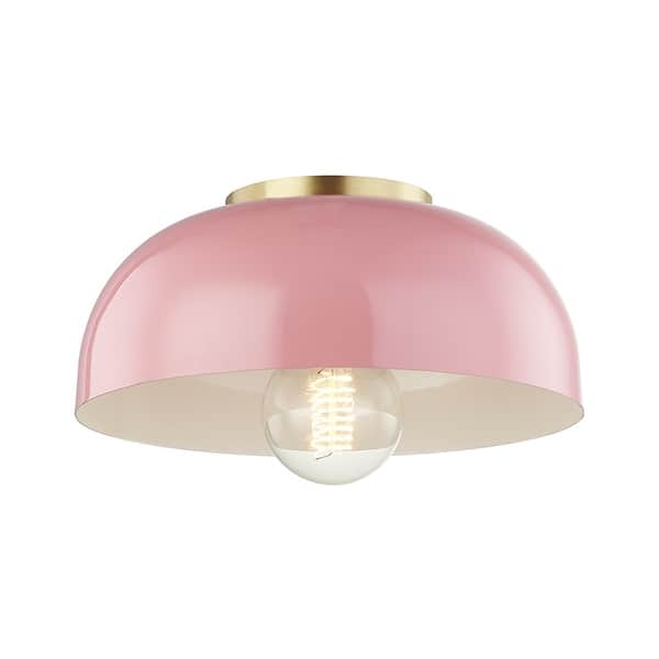 slide 2 of 2, Mitzi by Hudson Valley Avery 1-light Aged Brass Small Semi Flush, Pink Metal