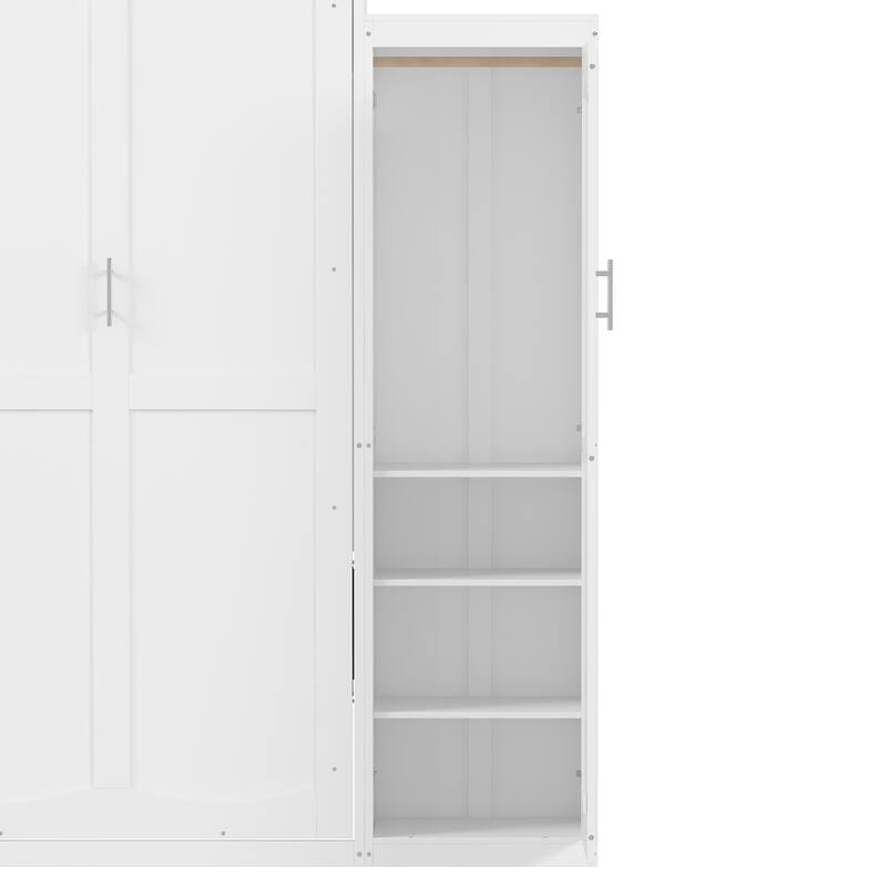 Full Size Foldable Murphy Bed with 2 Wardrobes and Storage Shelf, Space-Saving Platform Bedframe for Guest Room, White
