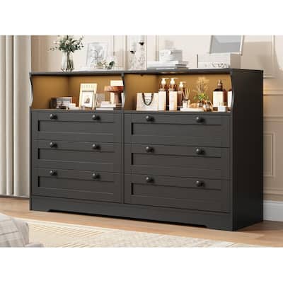 6 Drawer Dresser for Bedroom with Power Outlet and LED Light