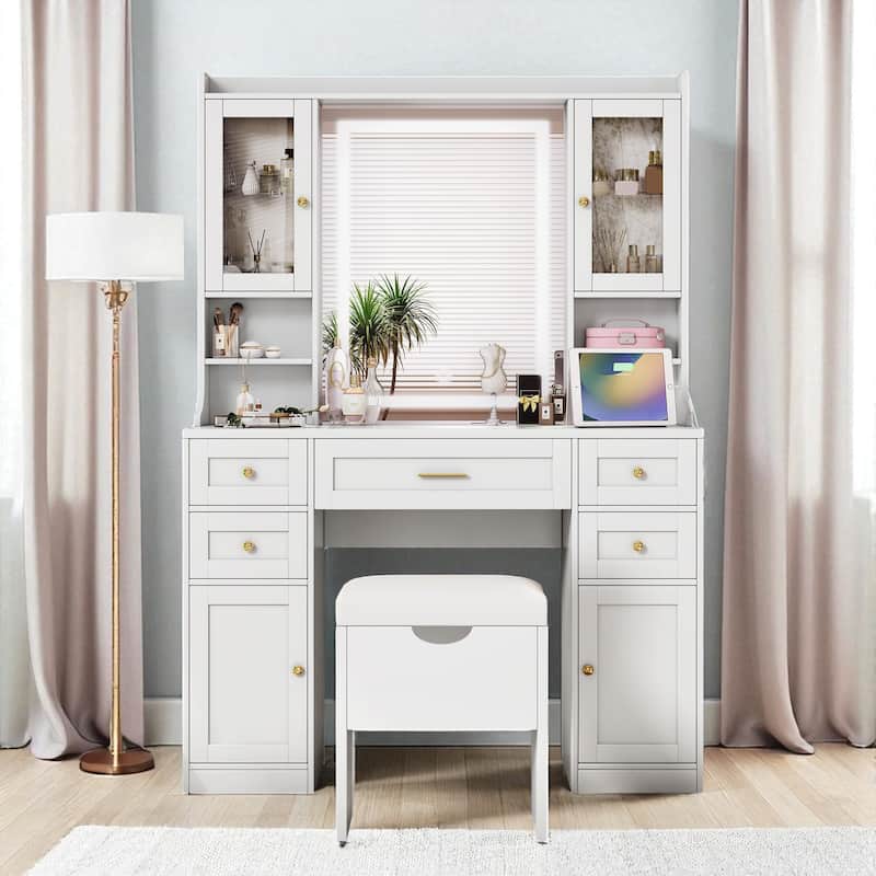 41.4" Makeup Vanity with Mirror & Lights, 5 Drawers, 4 Cabinets, Charging Station & Storage Stool for Bedroom - White