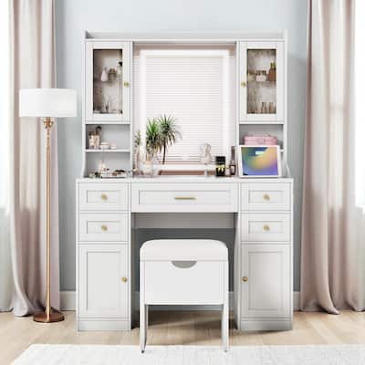 41.4" Makeup Vanity with Mirror & Lights, 5 Drawers, 4 Cabinets, Charging Station & Storage Stool for Bedroom