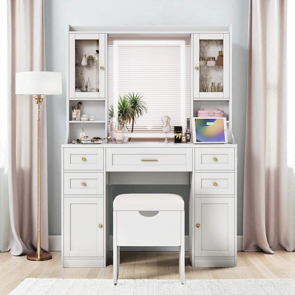 41.4" Makeup Vanity with Mirror & Lights, 5 Drawers, 4 Cabinets, Charging Station & Storage Stool for Bedroom