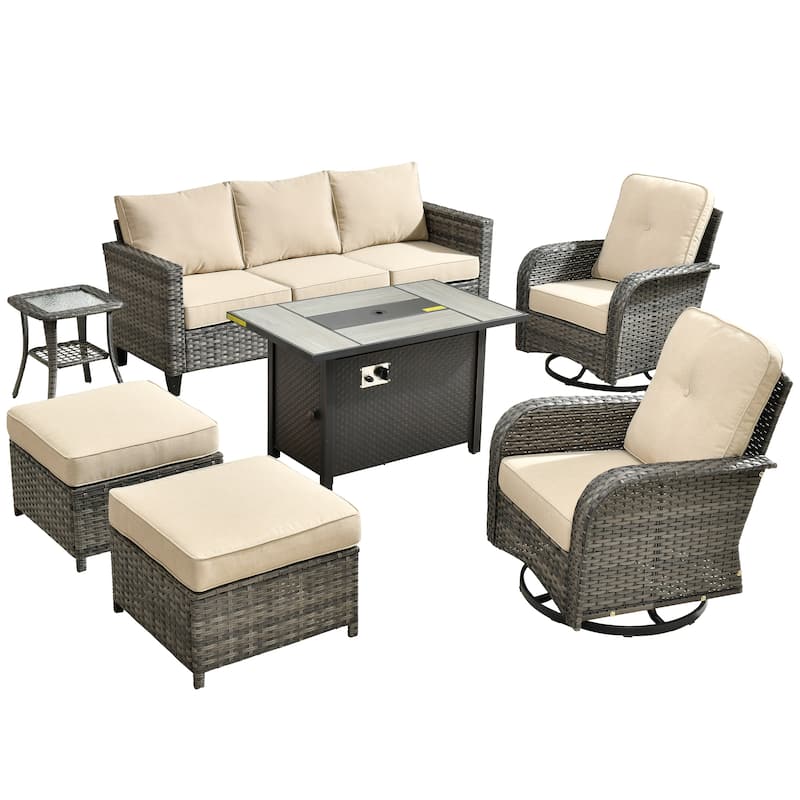 HOOOWOOO 7-piece Wicker Rattan Patio Furniture Set with Fire Pit Table