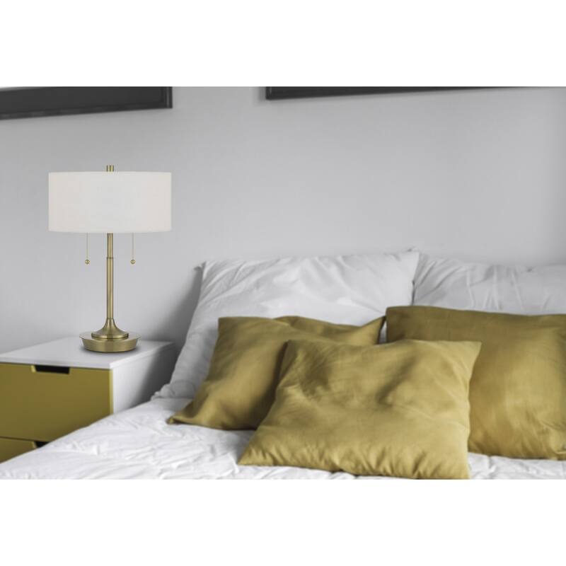 Antiqued Brass Metal Candlestick Table Lamp with White Drum Fabric Shade - 13” x 13” x 20” (D x W x H)