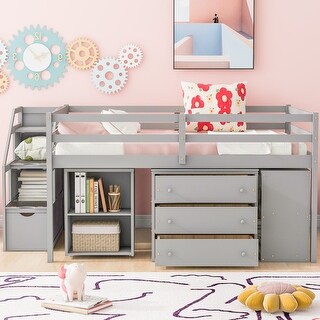 Gray Full Size Solid Wood Loft Bed with Retractable Desk, Storage Stairs, Storage Drawers, and Shelves
