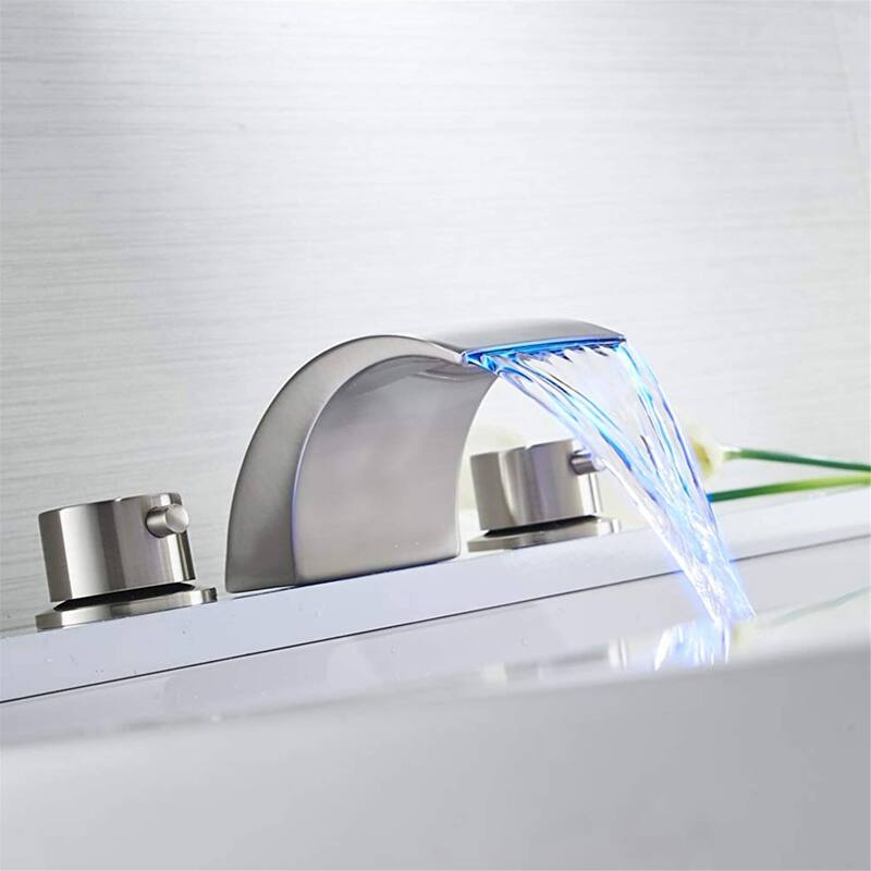 LED Widespread Bathroom Faucet With Drain Assembly 3 Holes Waterfall Bathroom Sink Faucets WIth Light 2 Handle Basin Vanity Tap