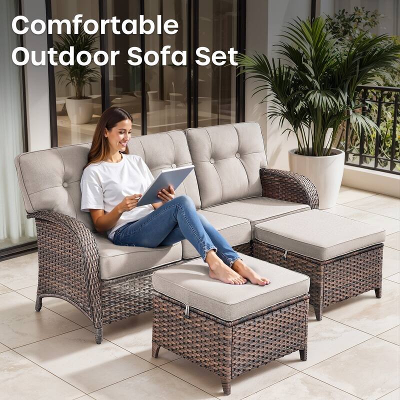 Gymojoy 3-Piece Outdoor Wicker Patio Furniture Set, 5" Thick Cushioned Rattan Sofa with Ottomans