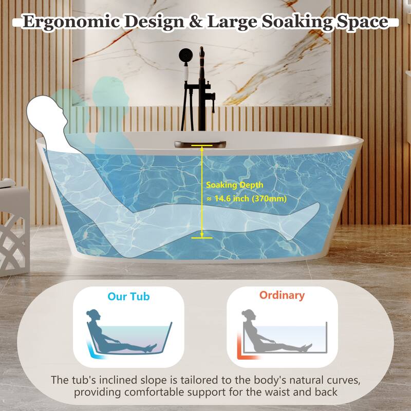 63 in. x 30 in. Solid Surface Stone Resin Freestanding Soaking Bathtub in. White with Tub Grab Bar and Drain Assembly