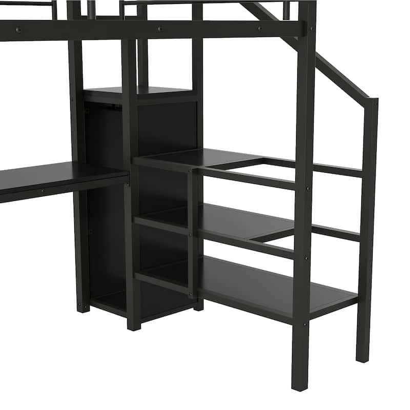 Black Metal Loft Bed Frame with Desk, Wardrobe, Storage Staircase, LED Light, Full Size Hight Bedframe with Metal Slat Support
