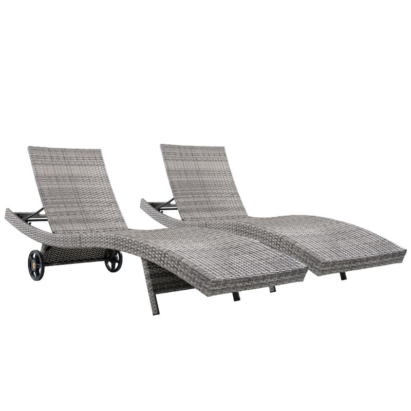 80"Patio Chaise Lounge Chairs Set of 2, Rattan Reclining Chair w/Rolling Wheels & Pull-out Side Table, Adjustable Backrest