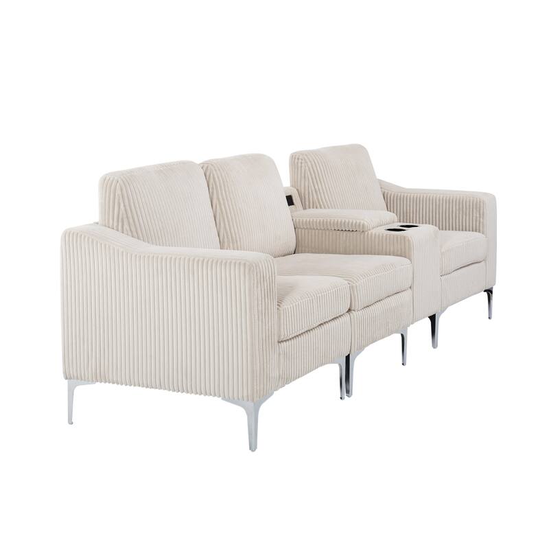 Modern 3-Seat Modular Corduroy Sectional Sofa with USB Ports and Cup Holders for Living Room Apartment