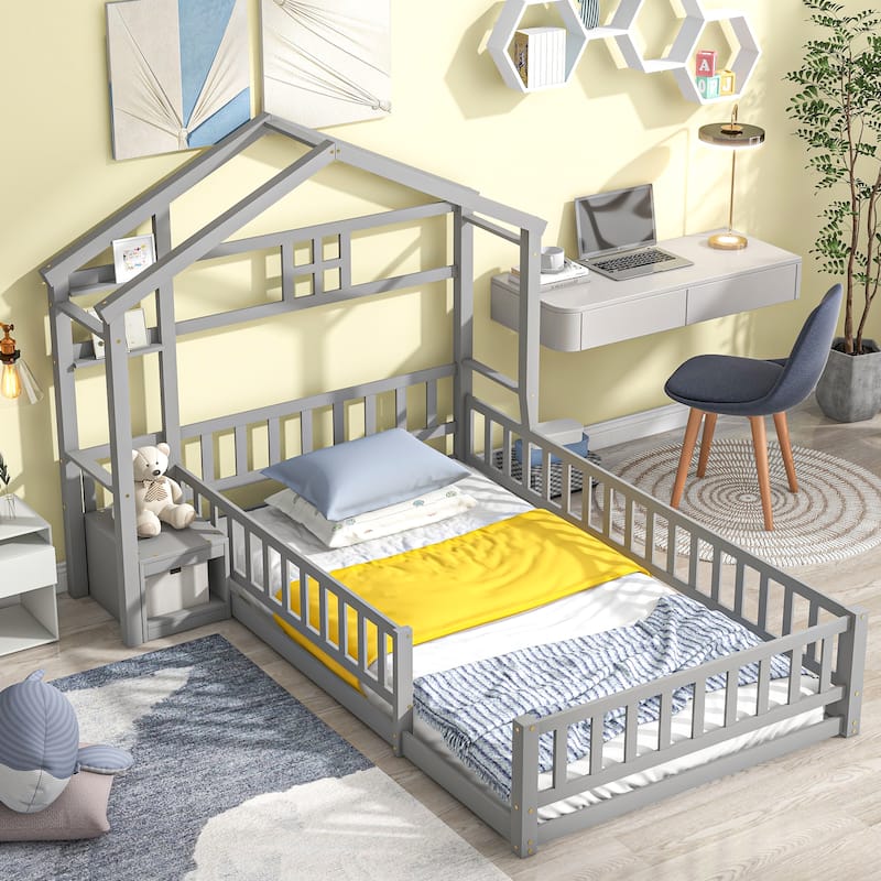 House Shape Headboard Floor Bed with Guardrails, Slats Support, Nightstand