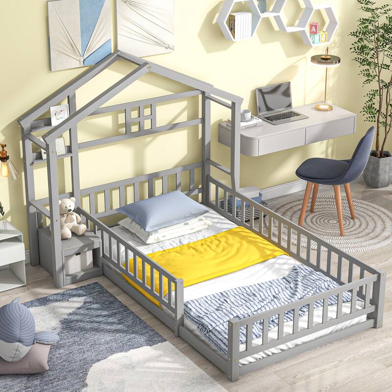 Twin Size Pine Wood House-Style Headboard Floor Bed with Fence Guardrails without cushion