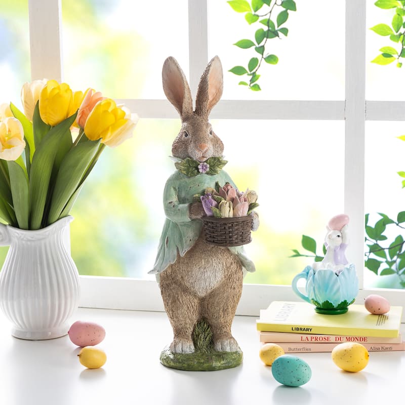 Glitzhome Easter Resin Bunny Boy Girl Table Decor with Flower Rabbit Figurine Ornaments