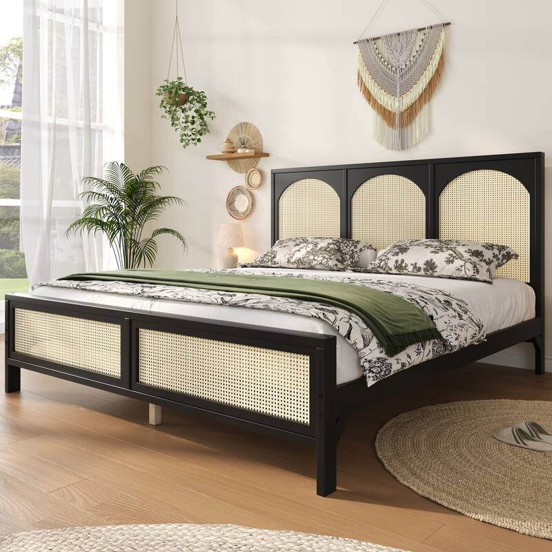 Rattan Low Profile Bed Wood Platform Bed Frame with Rattan Headboard and Footboard, Wood Slat Support, No Box Spring Needed