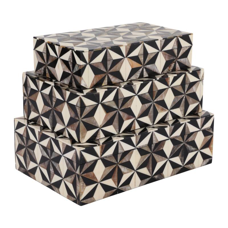 Polyresin Wood Storage Box Casual (Set of 3) - 4" Ivory/Black - 12" x 8" x 3.5"