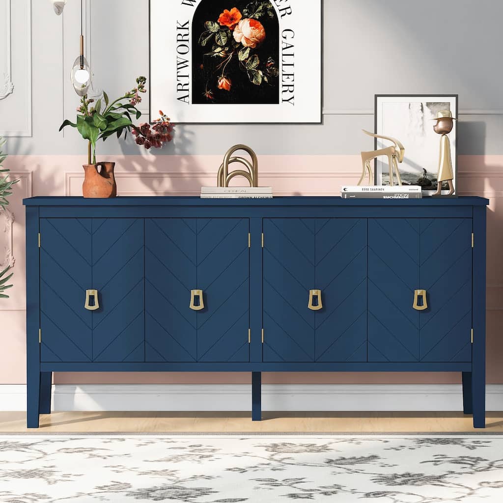 63-Inch Four-Door Sideboard - Geometric Patterned Design with Vintage Metal Handles, Narrow Entryway Table for Living Room