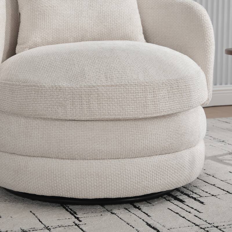 Round Swivel Barrel Chair with Pillow, Comfy Chenille Upholstered Reading Armchair, Ergonomic Single Club Sofa Chair