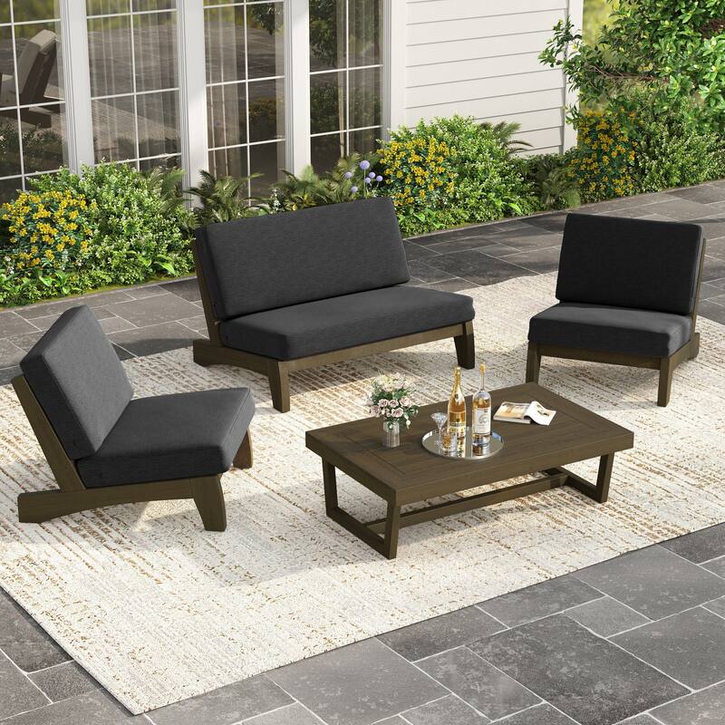 4 Piece Outdoor Wood Loveseat Chair Conversation Set with Cushion