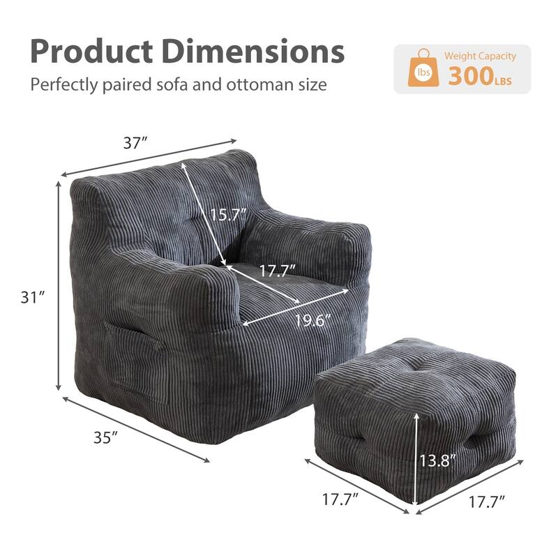 Corduroy Memory Foam bean bag Sofa With Ottoman