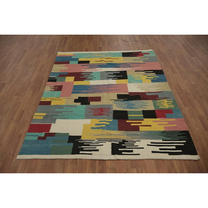Hand Woven Oriental 100% Wool Carpet Southwestern Modern Multi-Colored Kilim Area Rug - 6' 7'' X 5' 3''