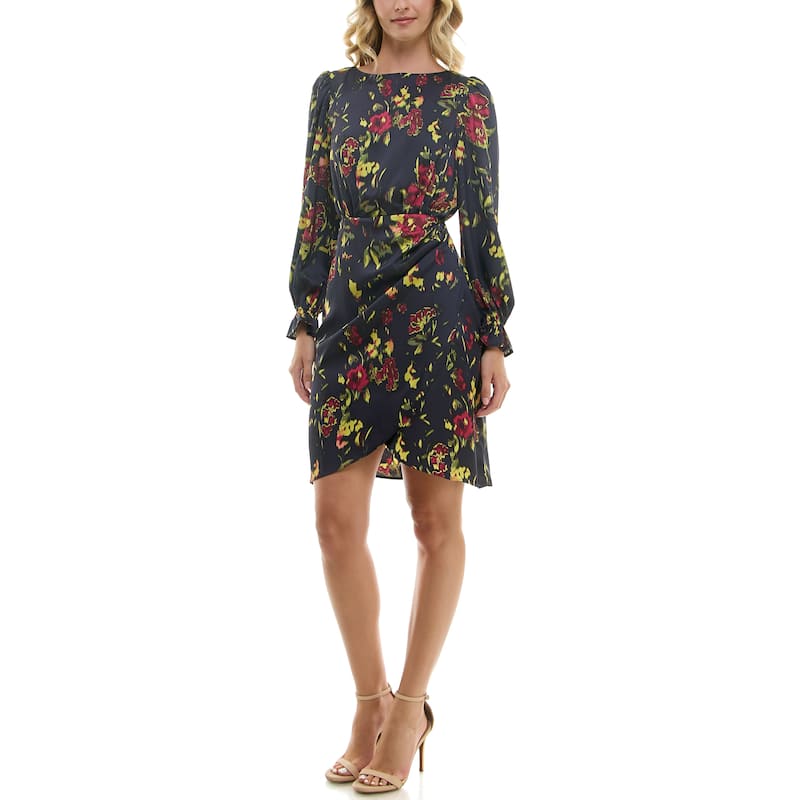 Nicole Miller Long Sleeved Printed Satin Dress