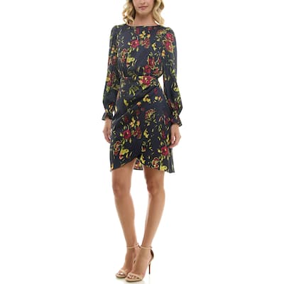 Nicole Miller Long Sleeved Printed Satin Dress