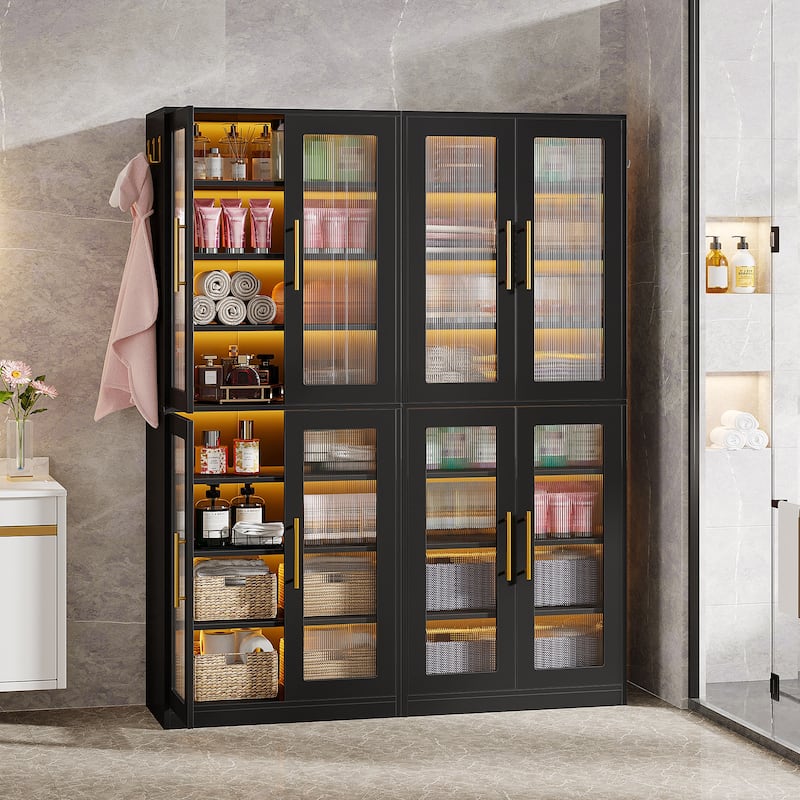 8-tier Modern Tall Bookcase Bookshelf with Doors and LED Light