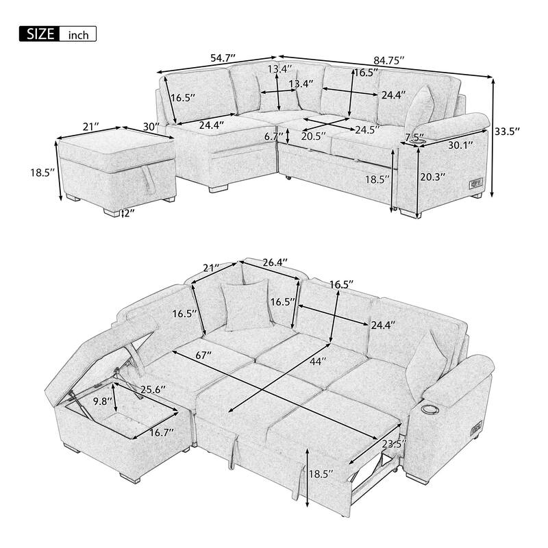 84.75" Velvet Convertible L-Shaped Sleeper Sofa with Storage Ottoman