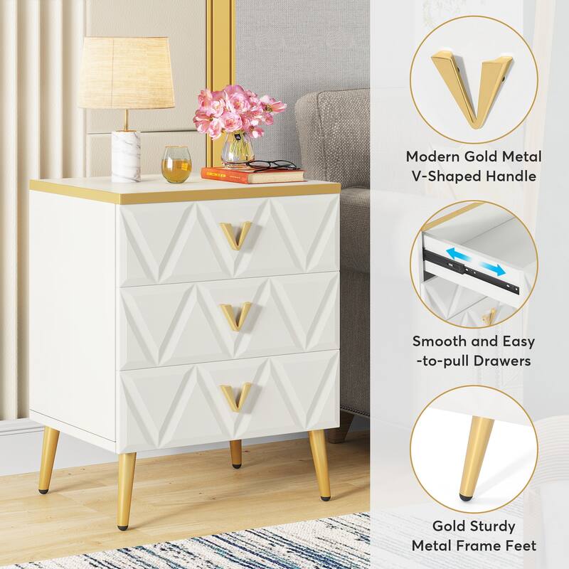 Pack of 2 Modern 3-Drawer Nightstand, White Gold Sofa End Table Bedside Table with Storage