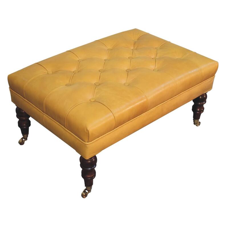 Artisan Furniture Solid Wood Honey Caramel Buffalo Ash Black Leather Ottoman with Castor Legs