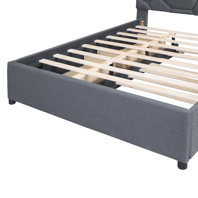 Grey Linen Fabric Queen Upholstered Platform Bed with Brick Pattern Headboard, Trundle, and Storage Drawers