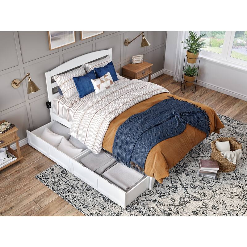 Queen Platform Bed with Drawers - White Storage Bed with Charging Station & Solid Wood Construction