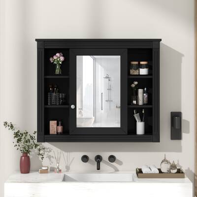 35" x 28" Wall Mounted Bathroom Storage Cabinet, Modern Medicine Cabinet with Mirror and Adjustable Shelves