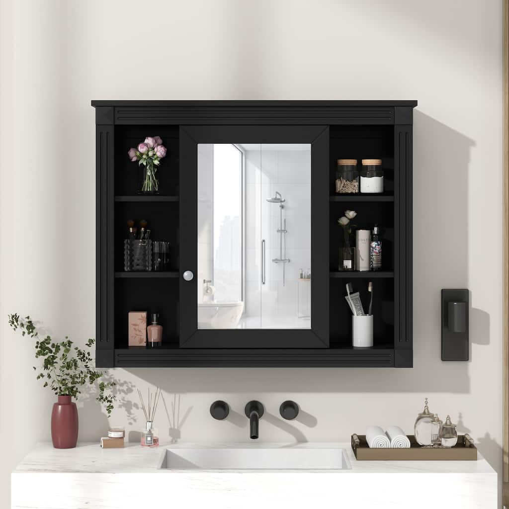 Wall Mounted Bathroom Storage Cabinet with Mirror, Mirror Cabinet with 6 Open Shelves (Not Include Bathroom Vanity )