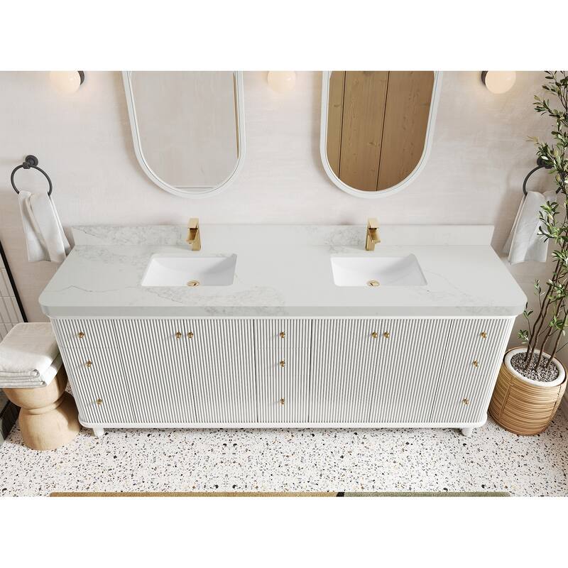 Willow Collections 84 in. W x 22 in. D Reeded Miami Double Bowl Sink Bathroom Vanity with Countertop - 2”Calacatta Nuvo - Antique White