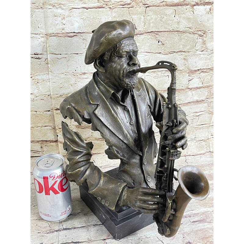 Bronze Sculpture Statue Of African American Black Jazz Saxophone Musician, Signed