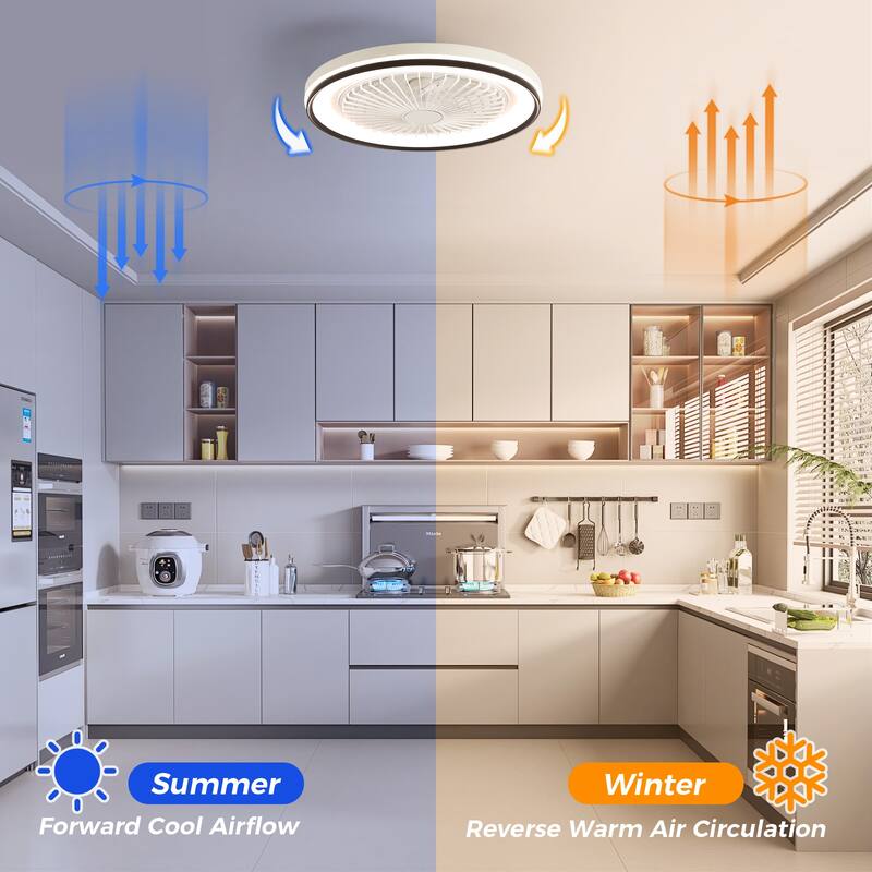 19 Inch RGB Dimmable Led Enclosed Ceiling Fan with Light Flush Mount Bladeless 6 Speed Remote Control for Bedroom Party - White