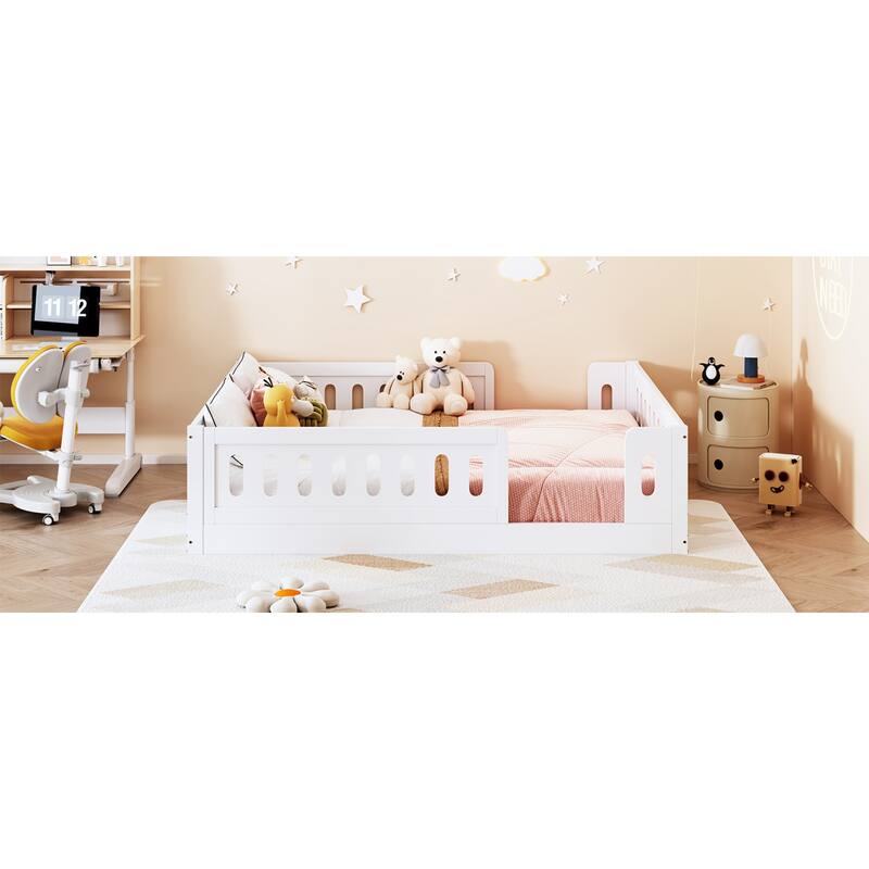 Roomfitters Full Size Wood Platform Bed with Semi-Enclosed Guardrail, Low Profile