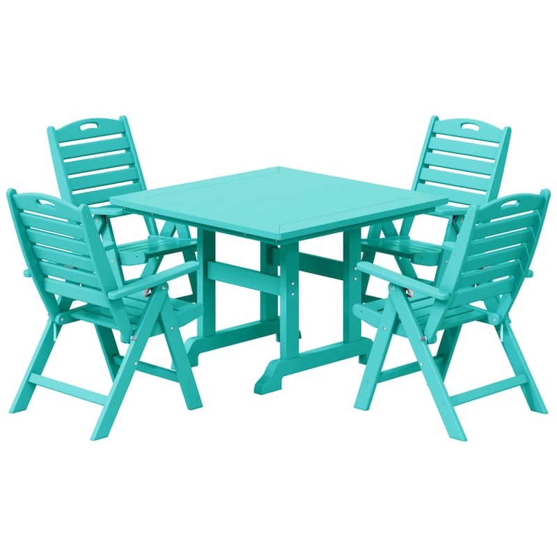Laguna 5-Piece Square Table Folding Highback Chair Dining Set - Turquoise