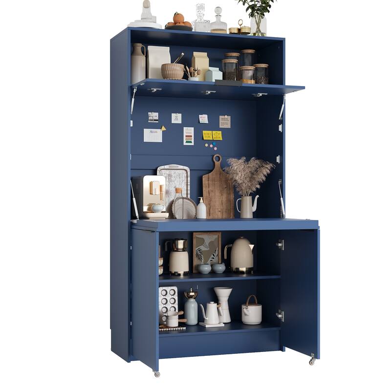 Compact Kitchen Pantry Storage Cabinet, 69" H Buffet Sideboard Server Table with Drop-Down Workstation & Power Outlet