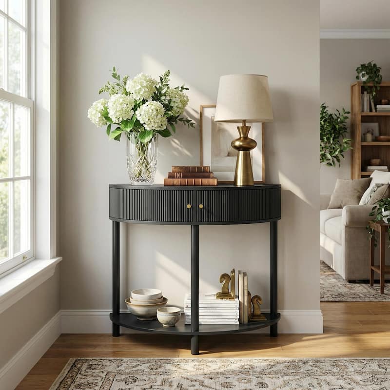 Homy Casa 31.5" Demi-Lune Console Table with 2 Drawers & Shelf, Wave-Pattern Front, Solid Wood Legs, Multiple Colors