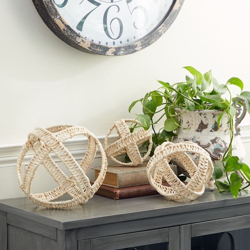 Cream Metal Handmade Woven Geometric Decorative Sculpture (Set of 3) - S/3 9", 7", 5"H
