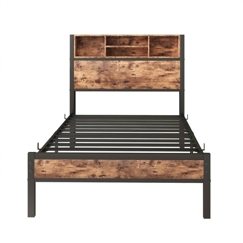 Twin Size Bed Frame with Storage Headboard,Platform Bed with Charging